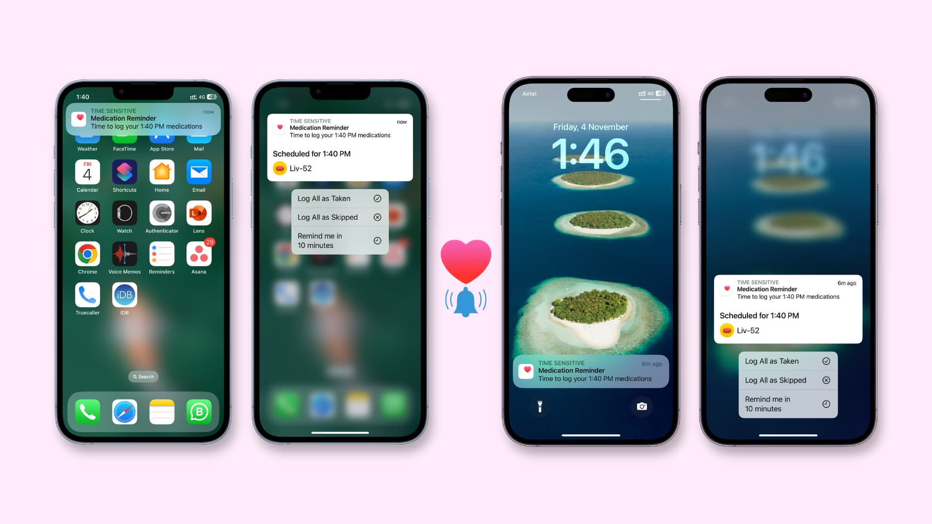 Medikamentenerinnerung in der Gesundheits-App auf dem iPhone-Startbildschirm und Sperrbildschirm