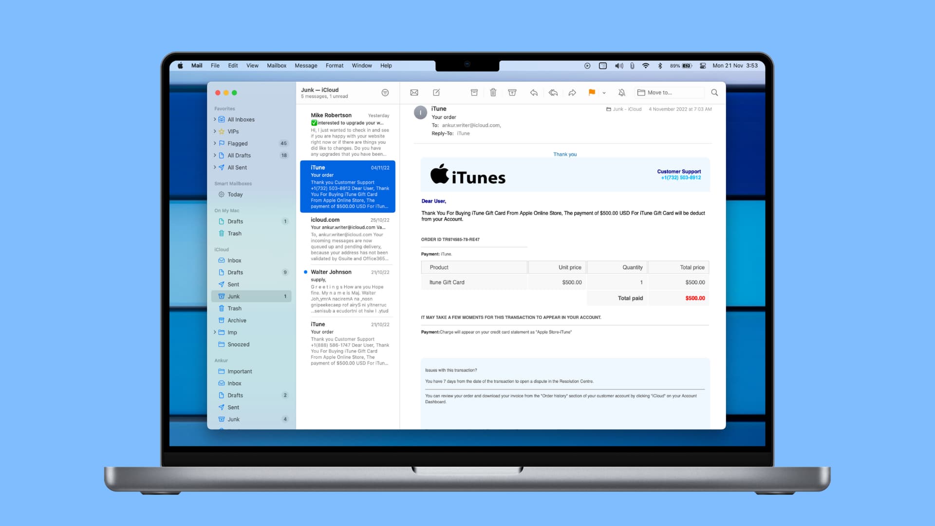 Junk emails inside the Apple Mail app on MacBook