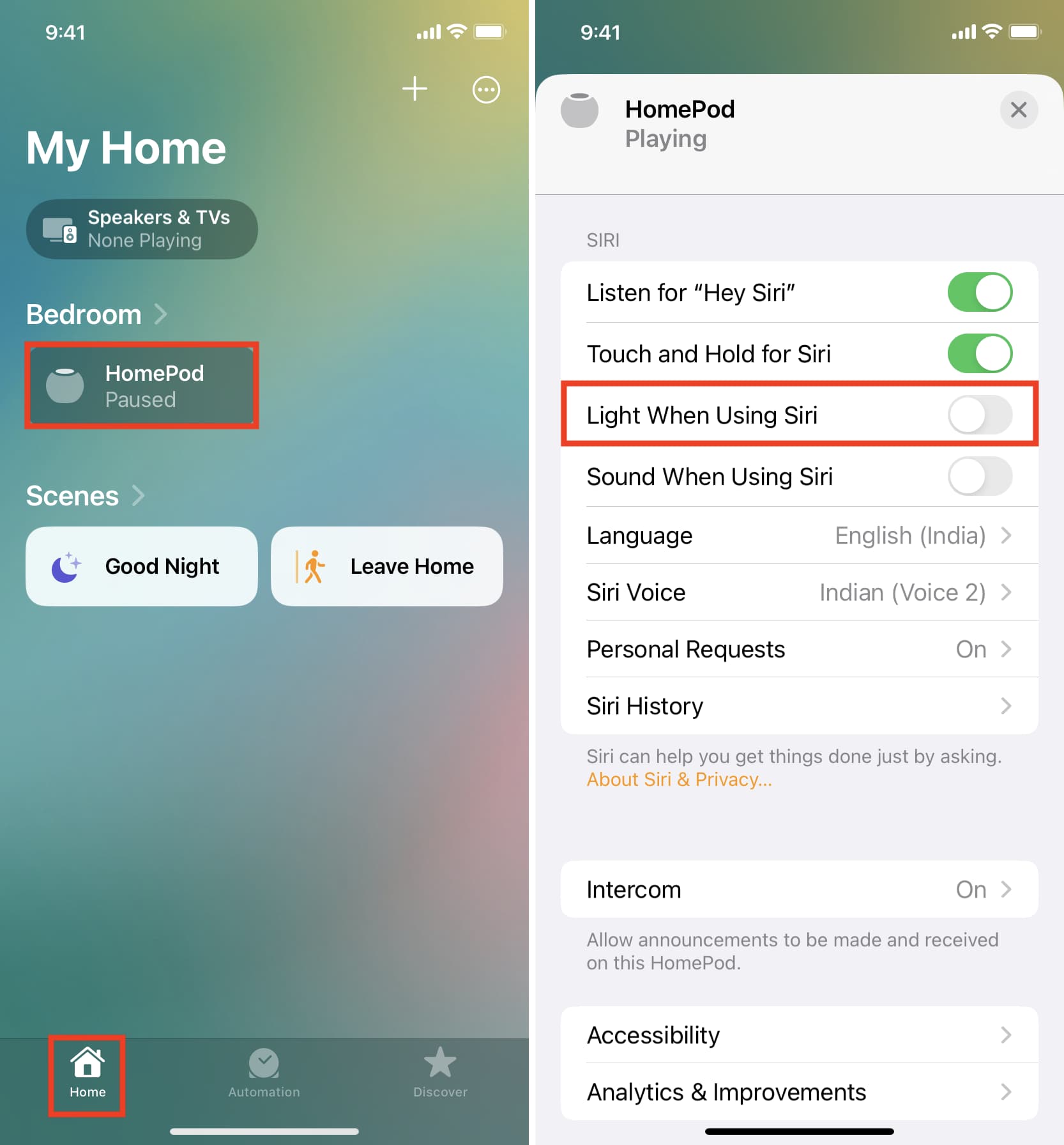 Switch off "Light When Using Siri" from HomePod settings inside the Home app