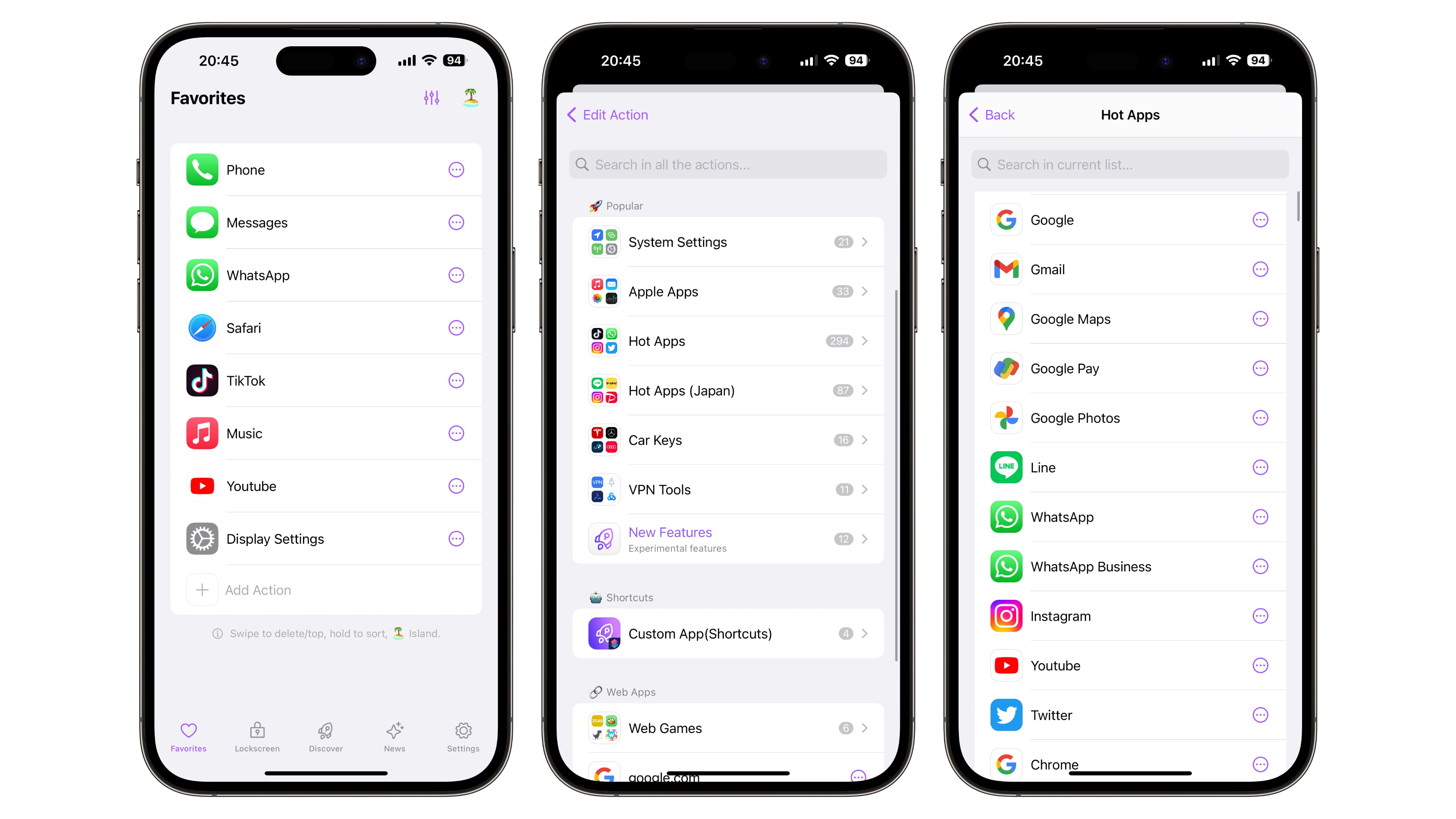 iPhone-Screenshots, die das Anpassen von Apps im Lock Screen Dock mit der Lock Launcher-App zeigen
