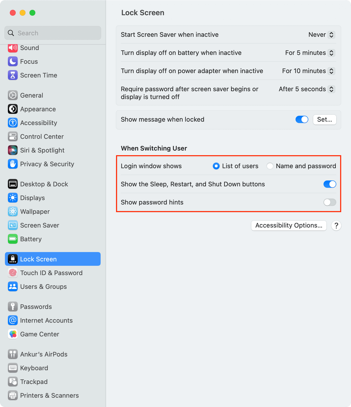 Lock Screen settings on Mac running macOS Ventura