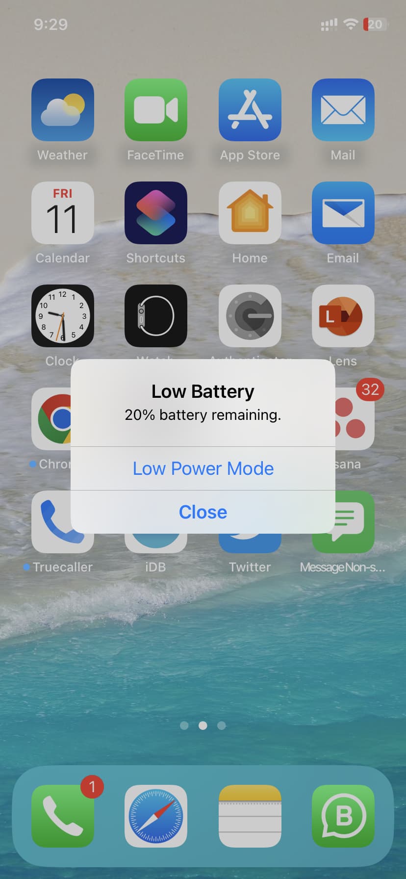 Low Battery 20% battery remaining popup on iPhone