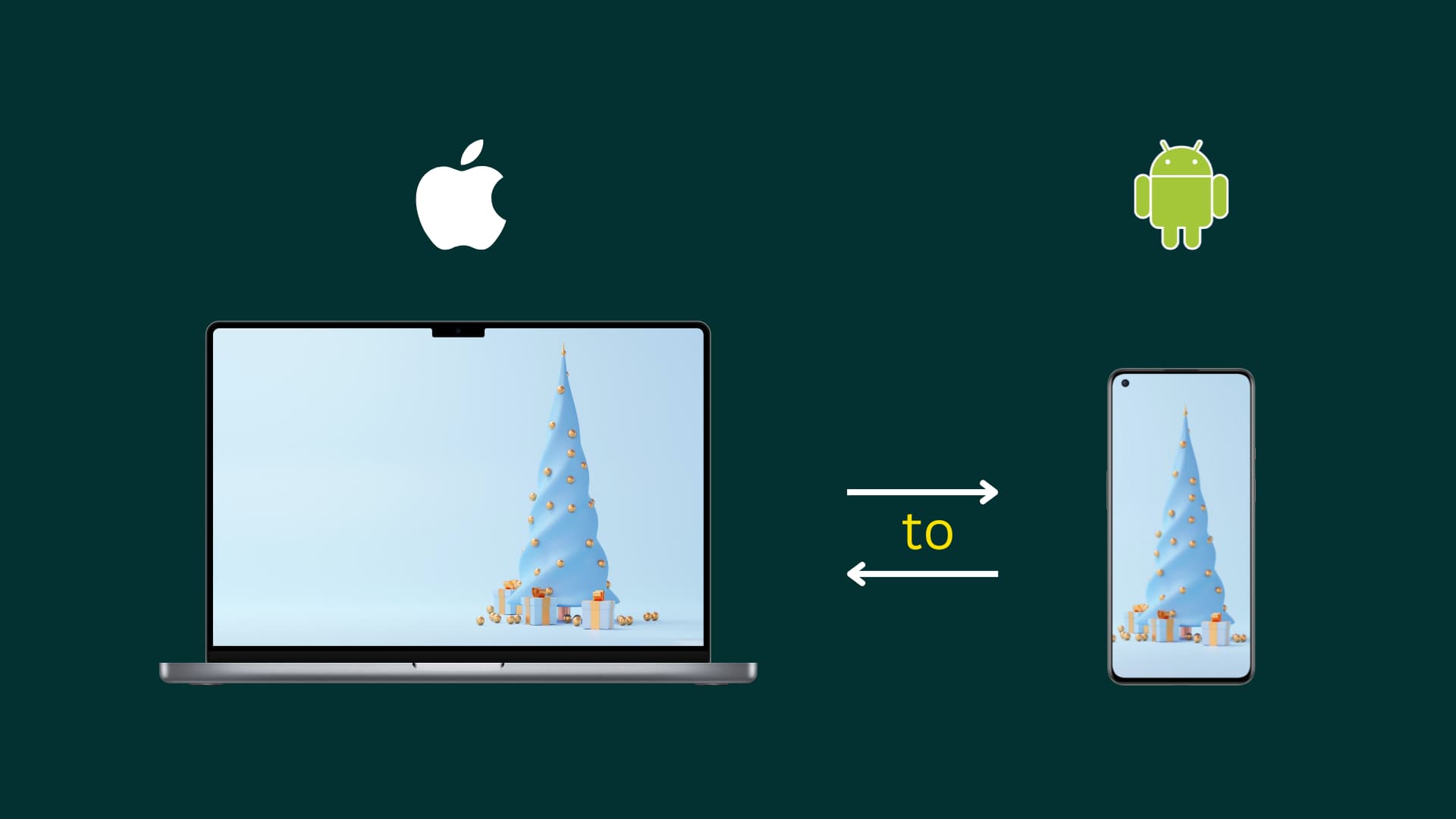 Image composition showing transfer of files from MacBook to Android phone and Android phone to Mac