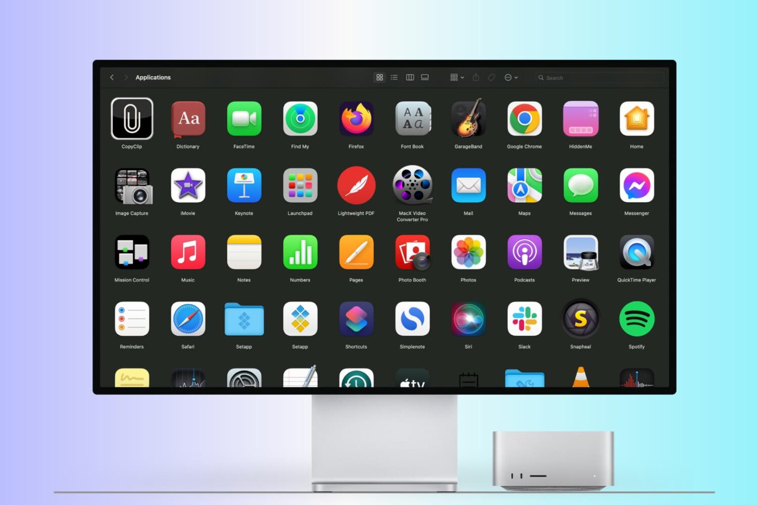 Mac Studio showing many apps on Apple Studio display