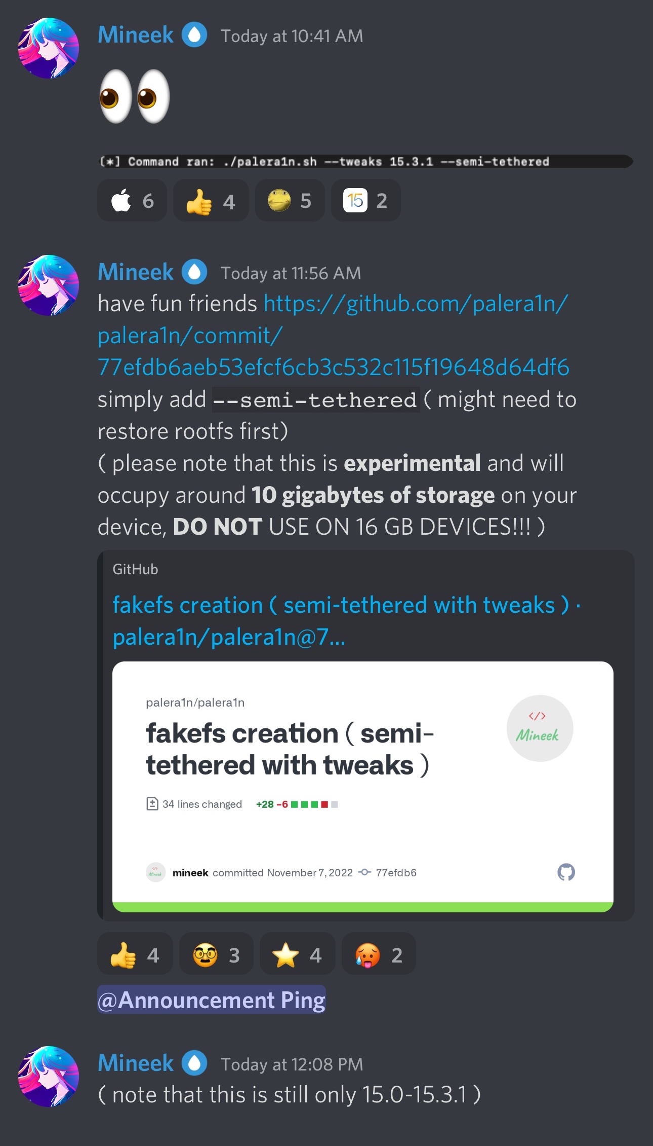 Mineek discusses semi-untethered support for palera1n via Discord.