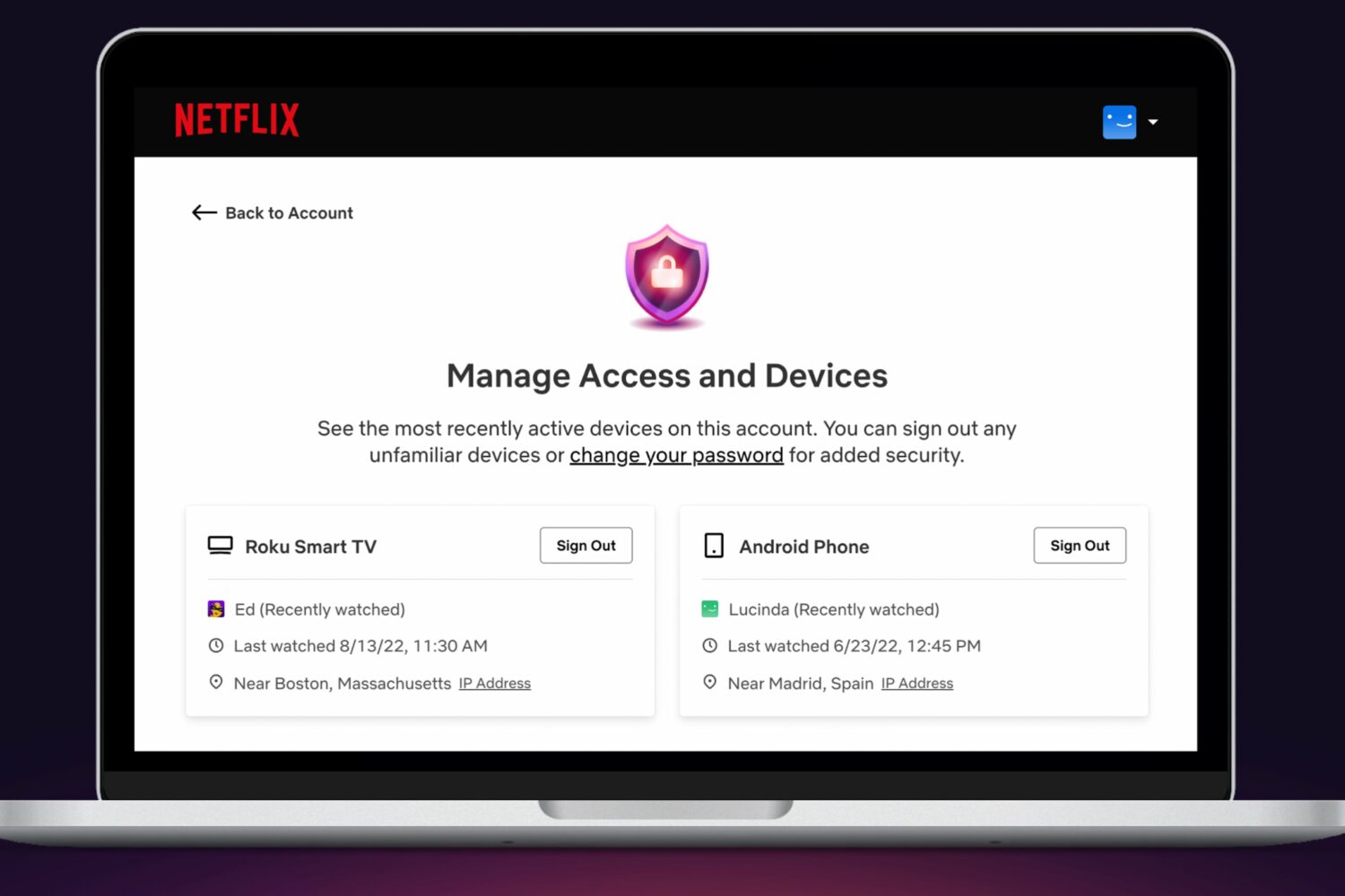 A computer showcasing the Manage Access and Devices section in the Netflix settings
