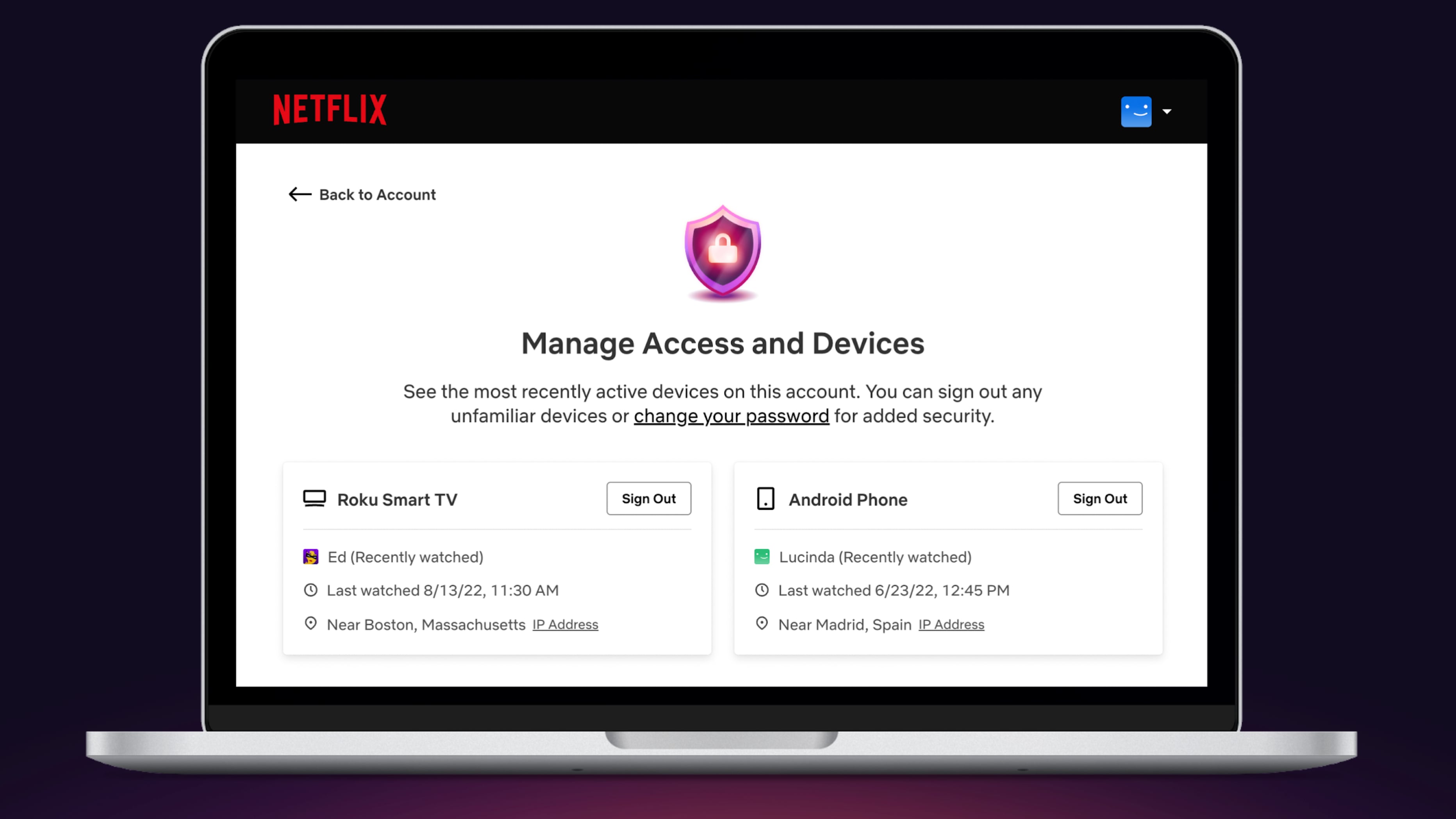 Ein Computer mit dem Abschnitt „Zugriff und Geräte verwalten“ in den Netflix-Einstellungen