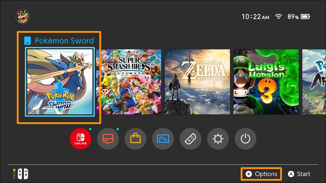 The Nintendo Switch game Home Screen.