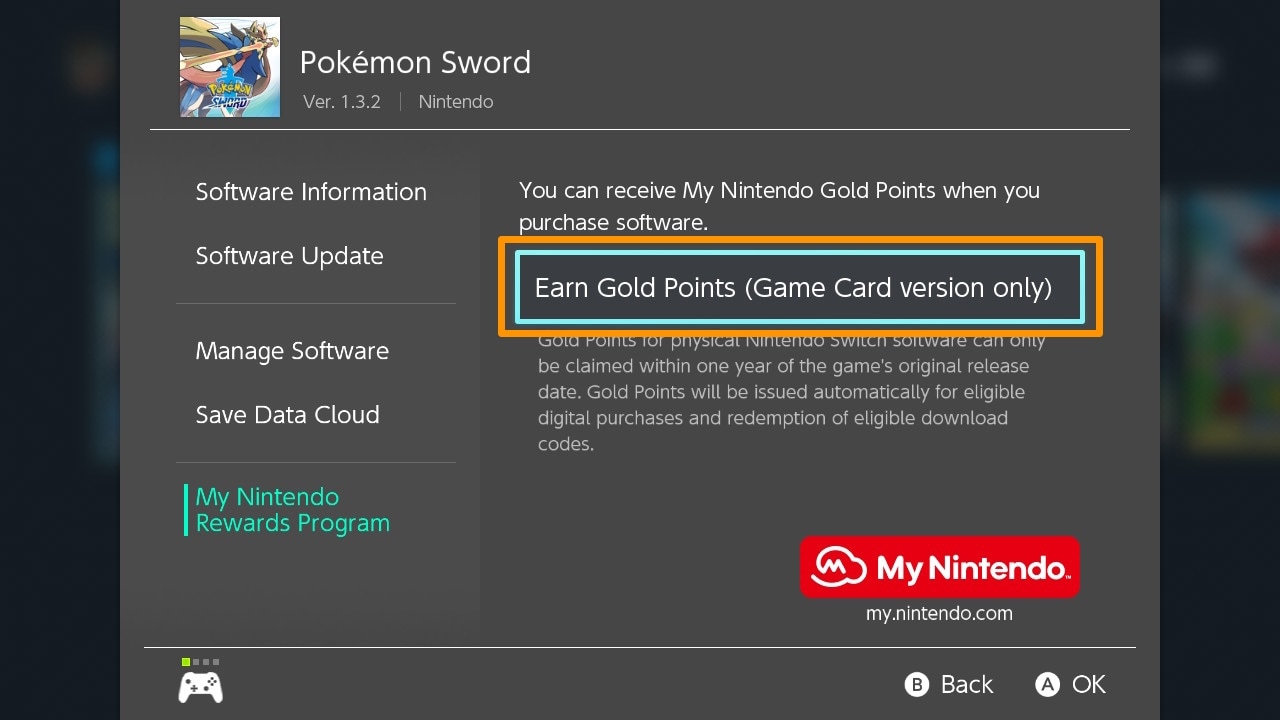 Nintendo Switch Earn Gold Points Button from Home Screen.