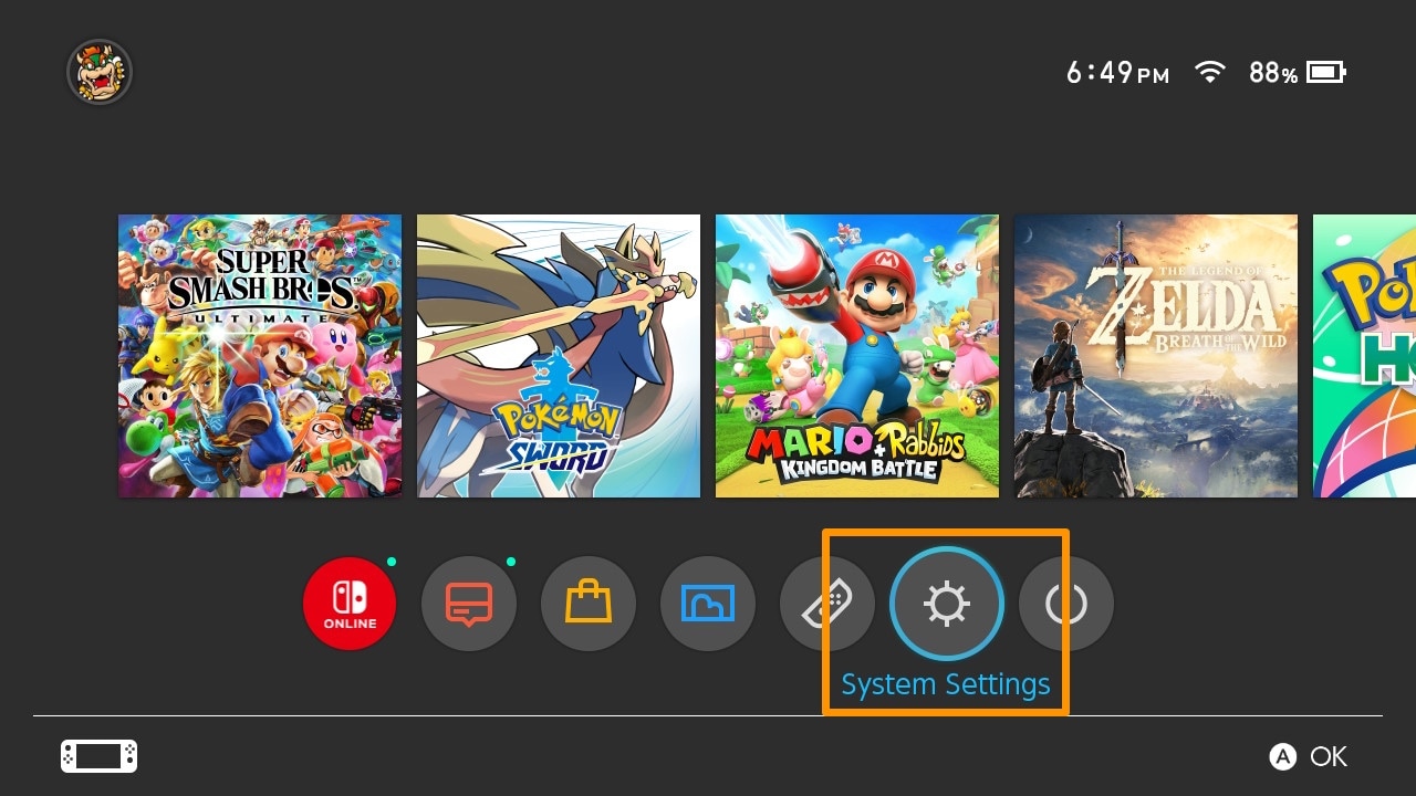 System Settings on a Nintendo Switch home screen.