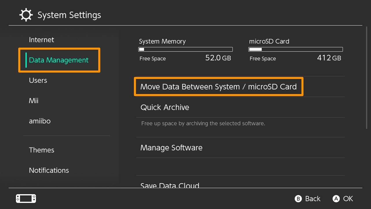 Move data between system and microSD card on Nintendo Switch.