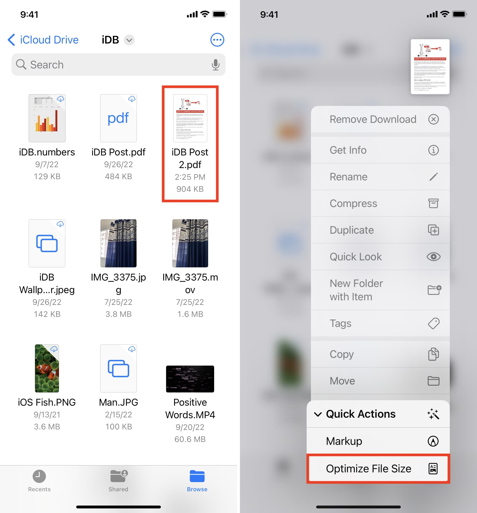 Optimize File Size of PDF using iPhone Files app