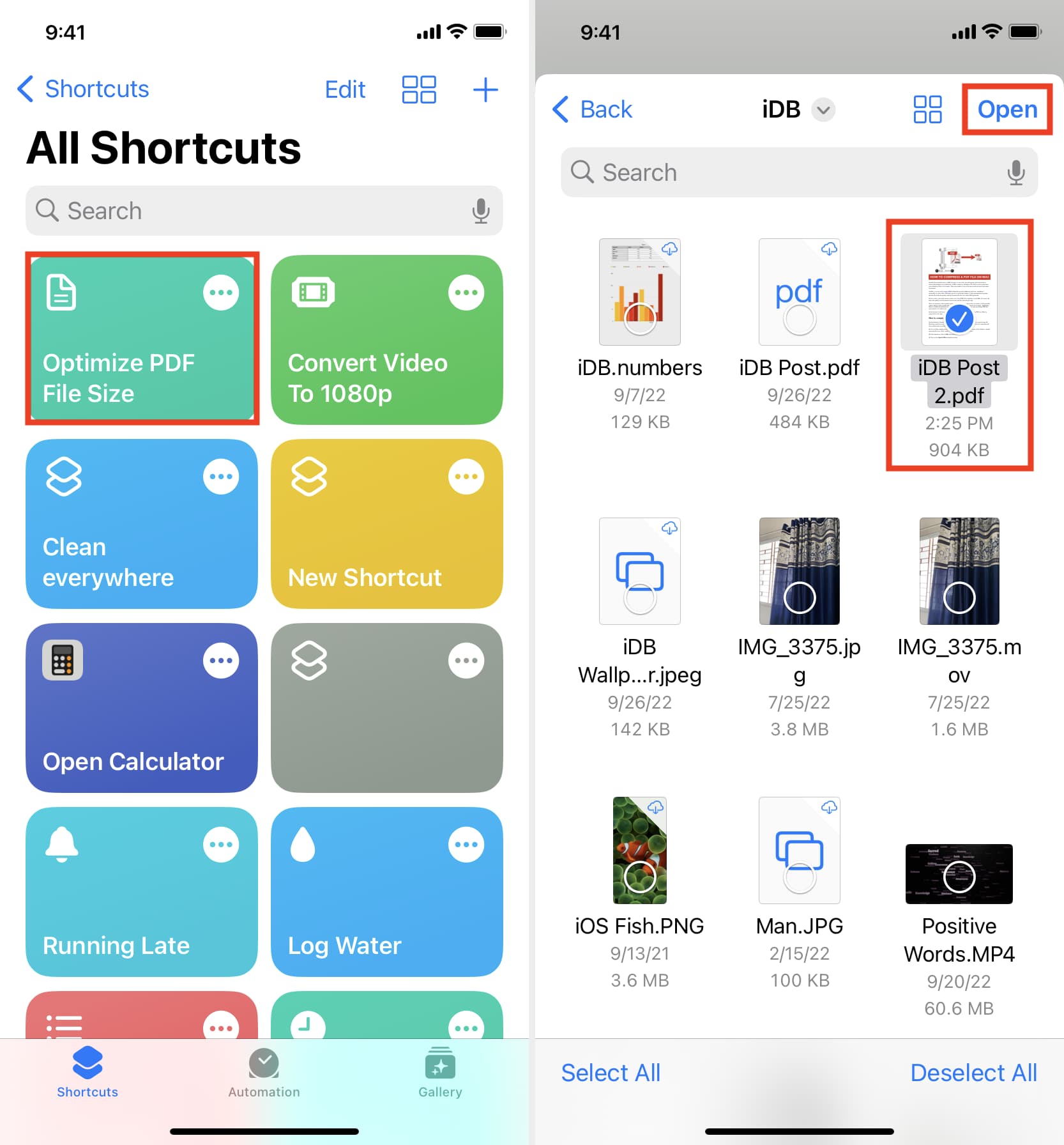 Optimize PDF File Size shortcut on iPhone