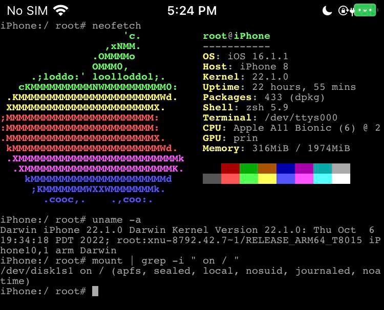 @itsnebulalol teilt ein Terminalfenster, das ein iPhone 8 mit Jailbreak zeigt, auf dem iOS 16.1.1 mit Einstellungsinjektion ausgeführt wird.