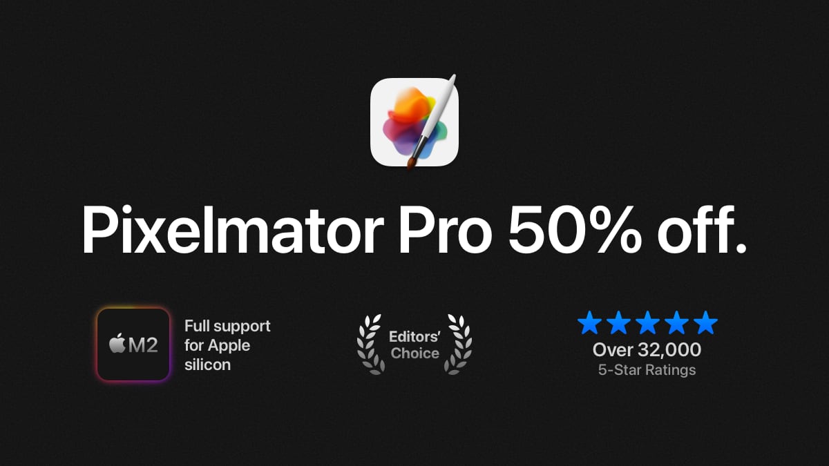Pixelmator Pro logo with the tagline "Pixelmator Pro 50% Off" below it, set against a solid black background