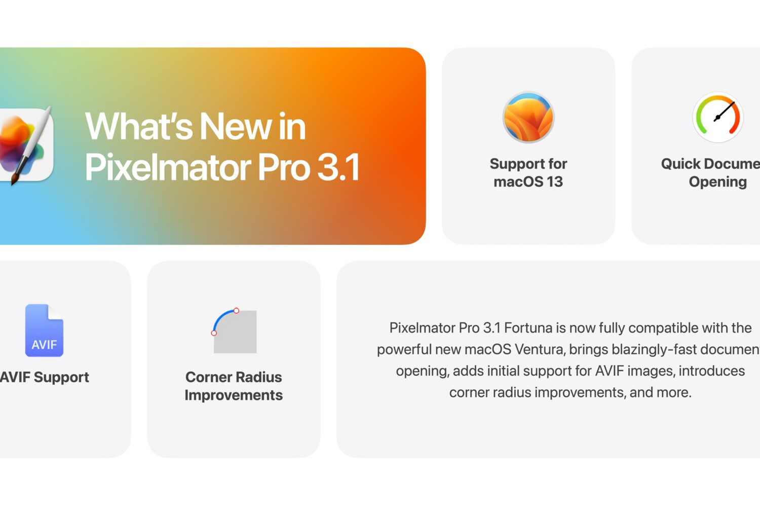 Infographic showcasing the key new features in Pixelmator Pro 3.1 for macOS