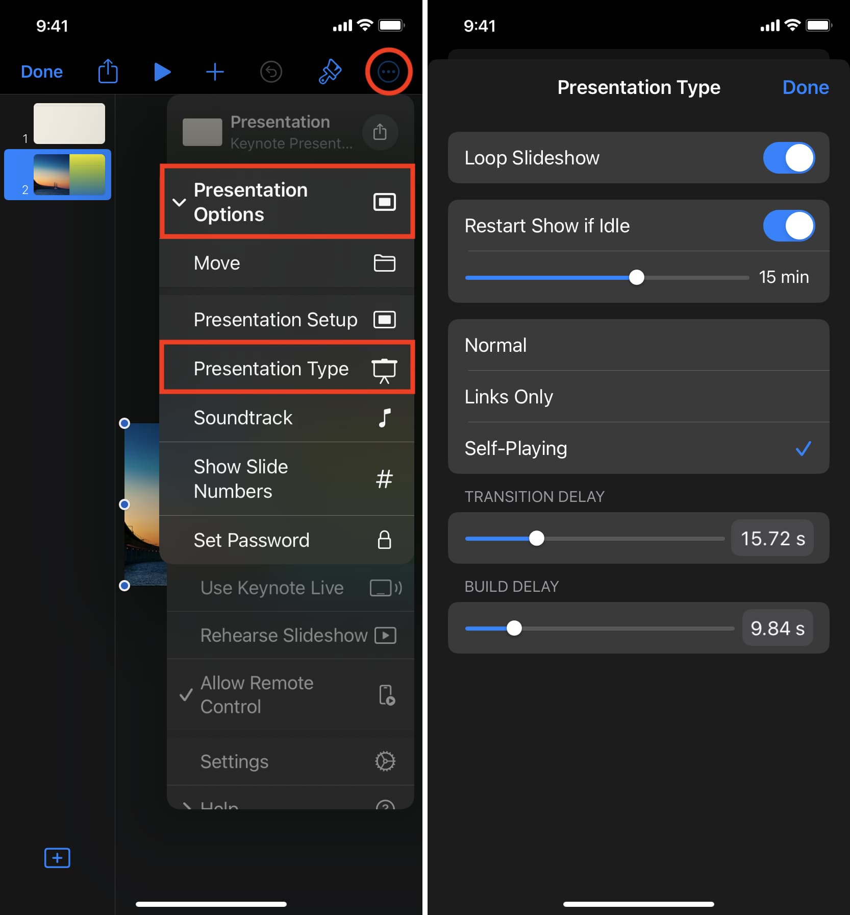 Presentation Type settings in the Keynote app on iPhone