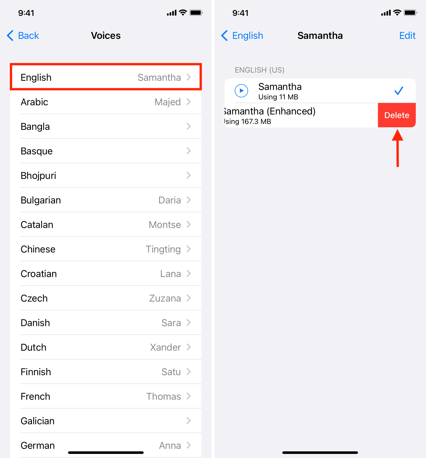Remove high-quality accessibility voices on iPhone