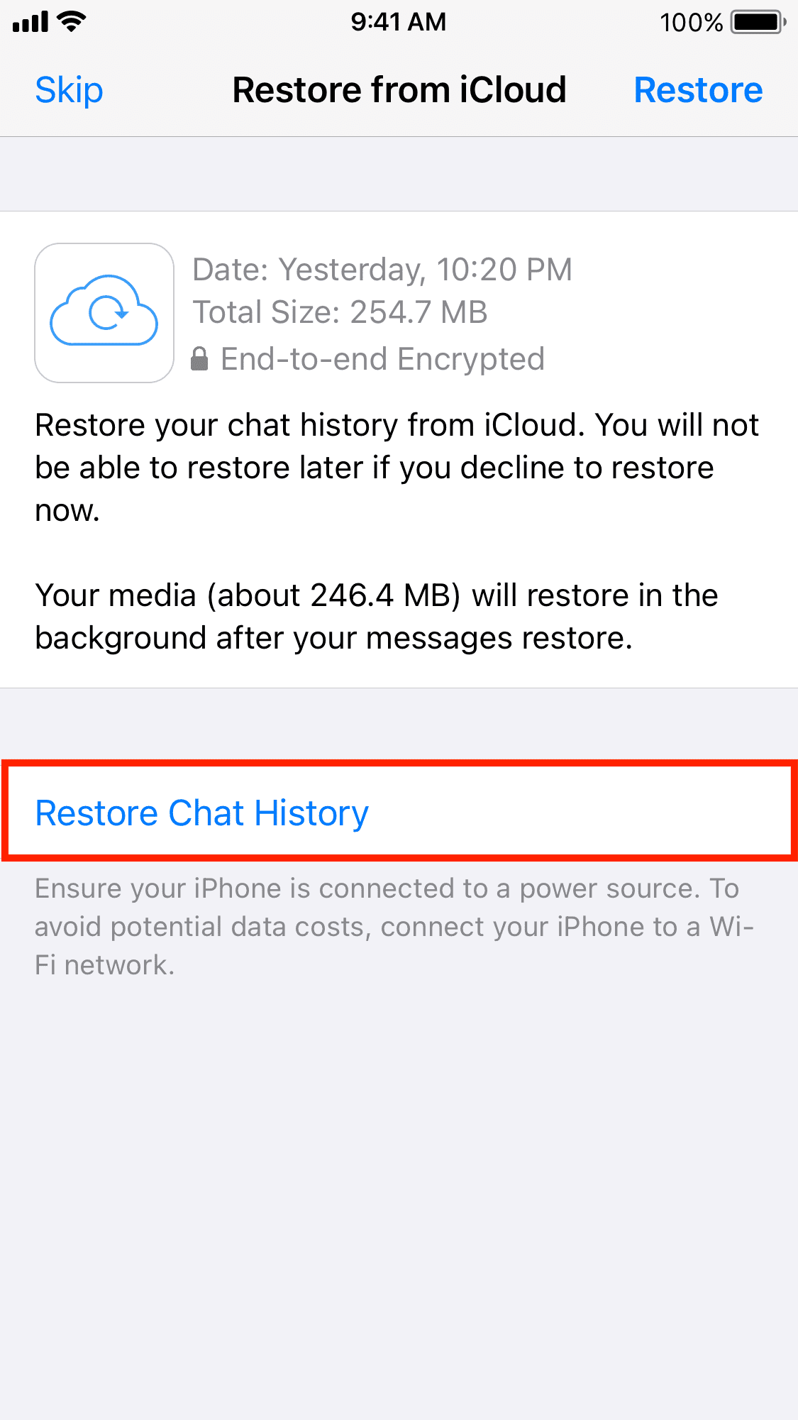 Restore chat history on WhatsApp on iPhone