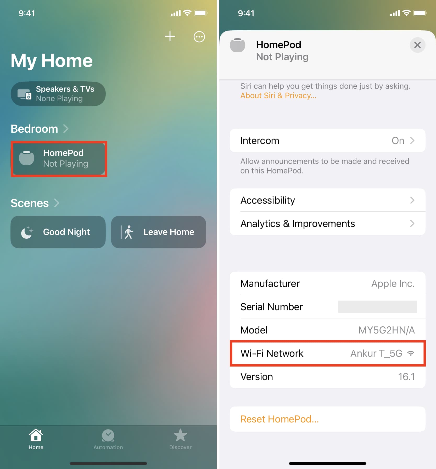 See the Wi-Fi Network your HomePod is connected to