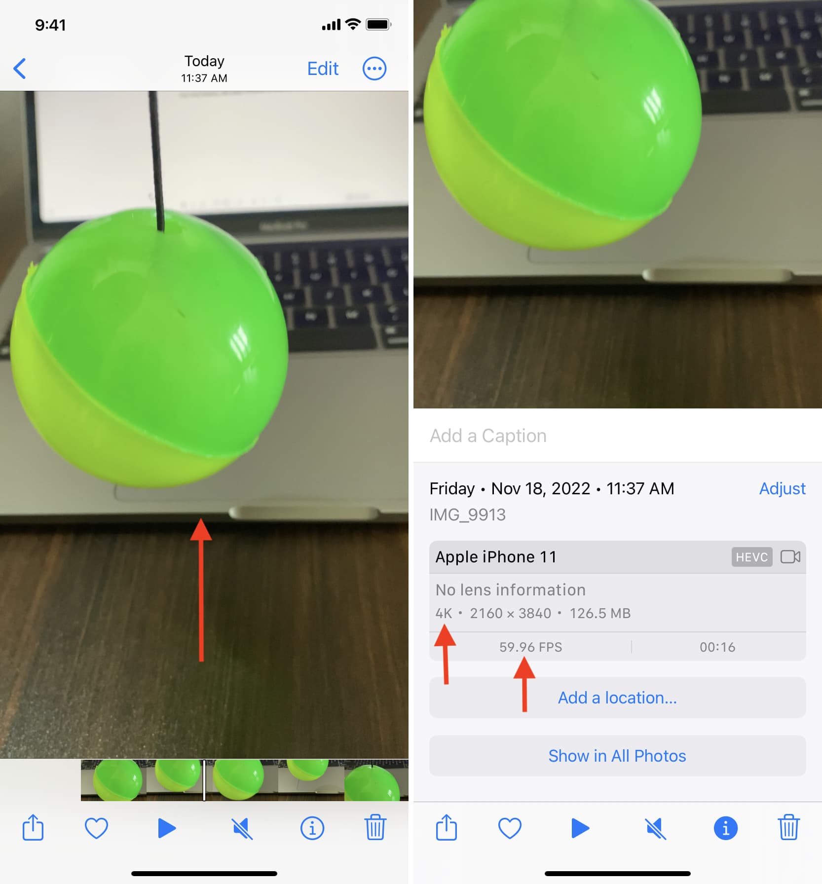 See video resolution, frame rate and other details inside iPhone Photos app