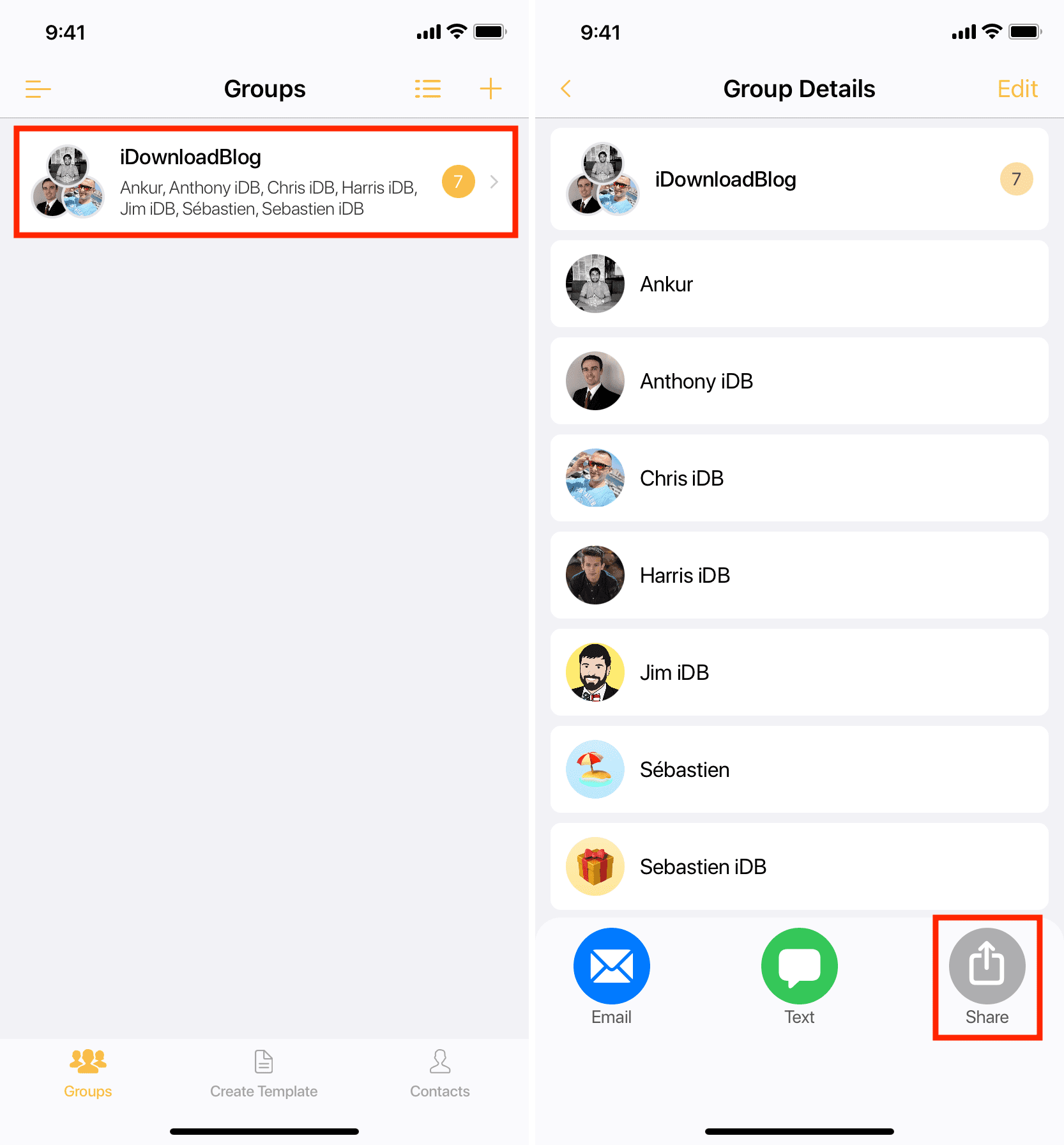 Select a contact group to share it