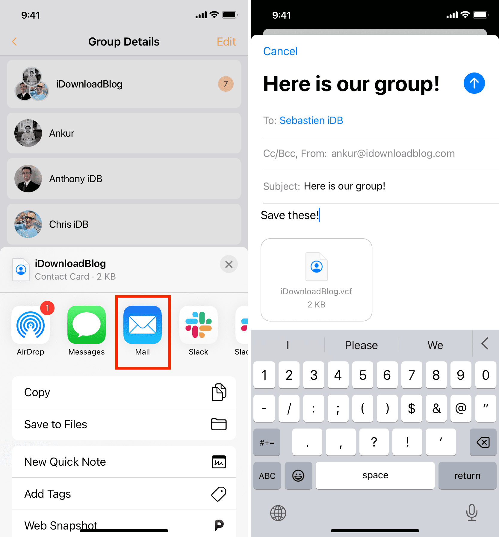 Send Contacts group via email from iPhone