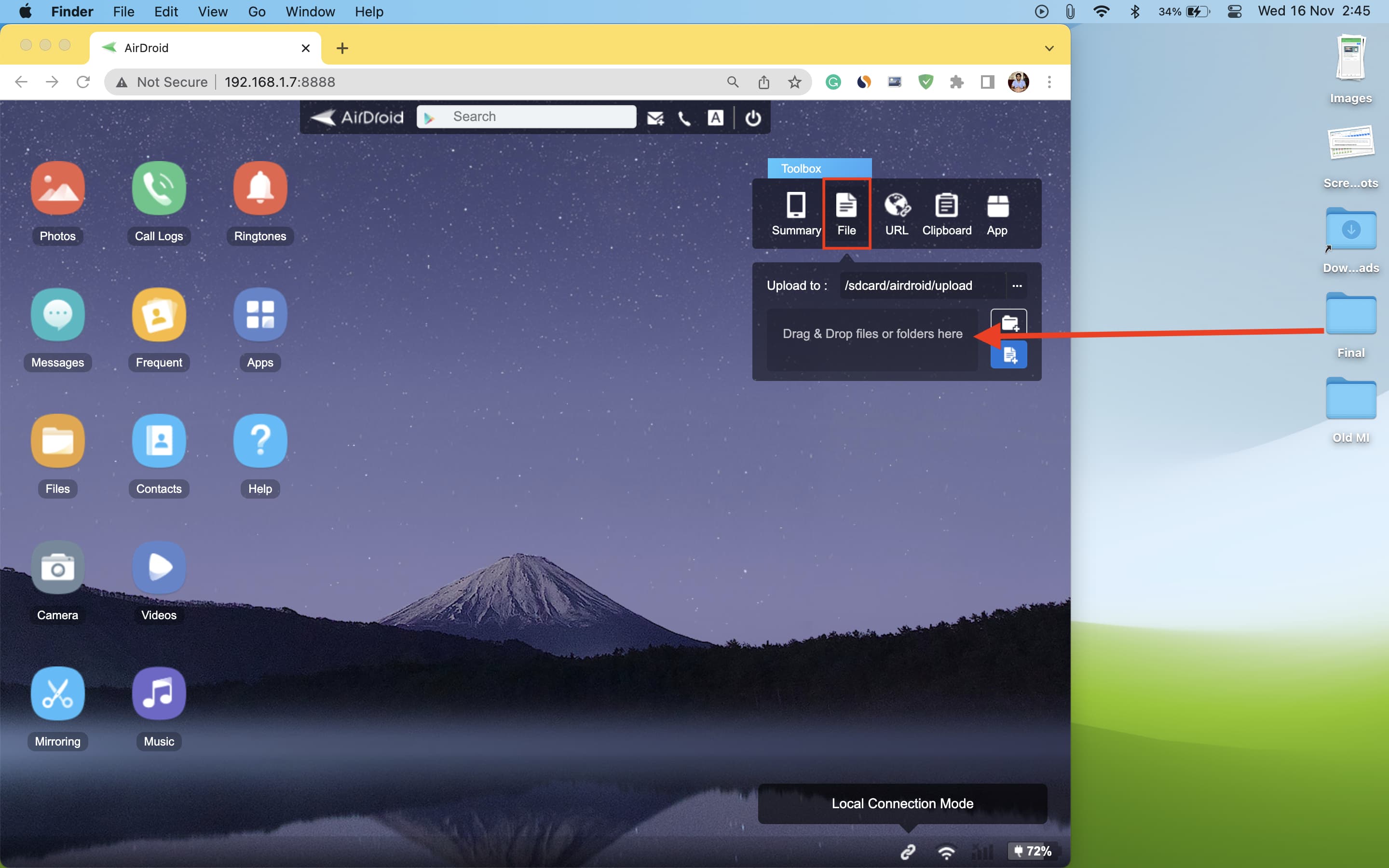 Send file from Mac to Android wirelessly using AirDroid