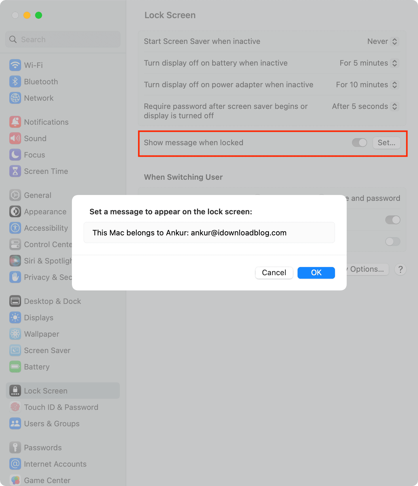 Show message when locked on Mac Lock Screen in macOS Ventura