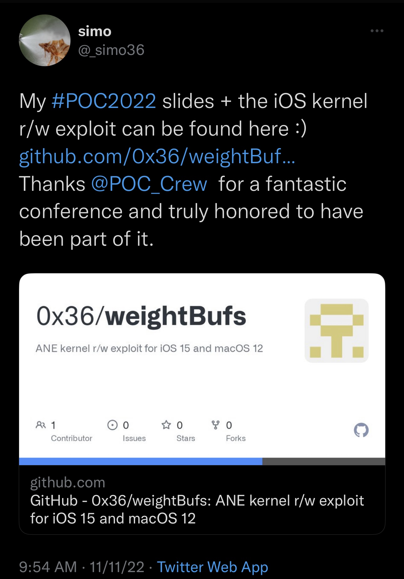 Security researcher @_simo36 releases a PoC of their iOS 15 kernel exploit chain with r/w access.