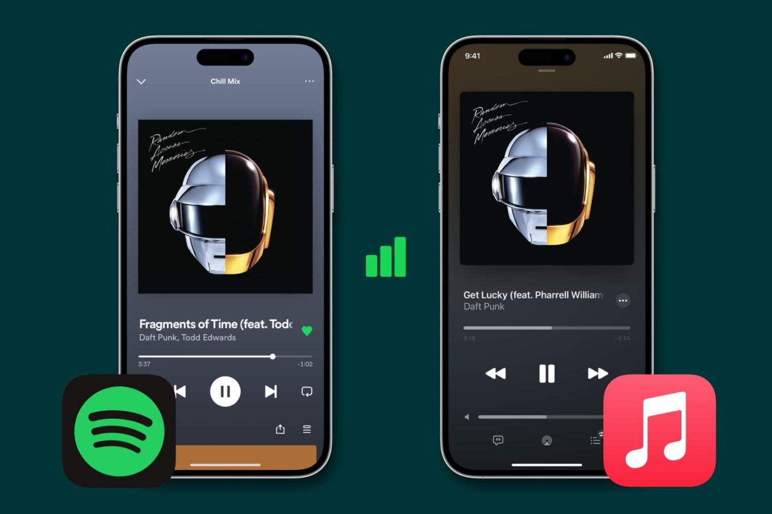 Spotify and Apple Music Now Playing screen on iPhone
