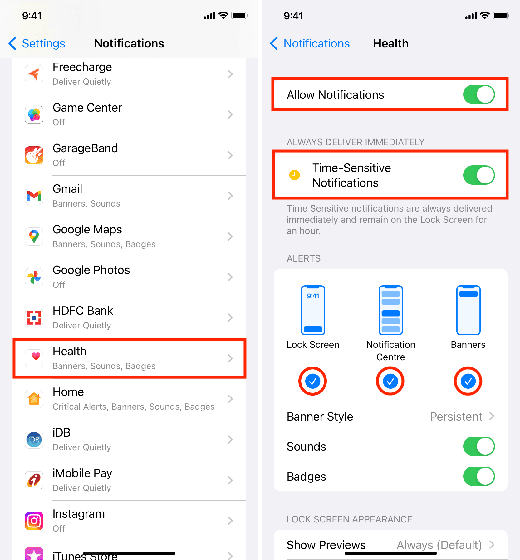 Switch on notifications for the Health app from iPhone Settings