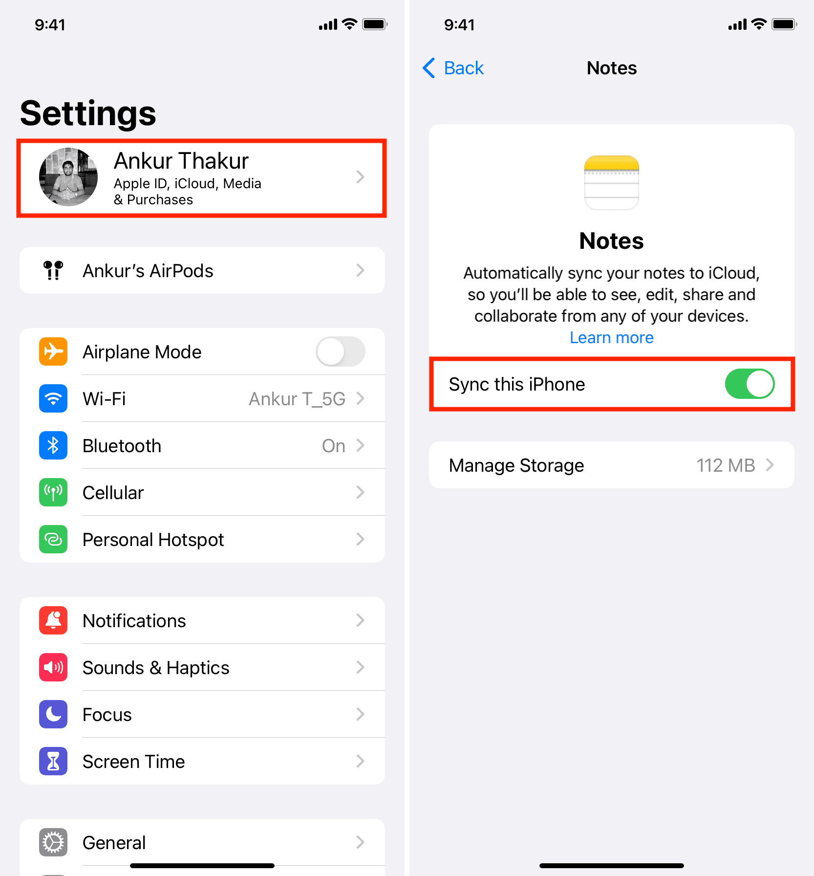 Sync this iPhone in Notes iCloud settings on iPhone