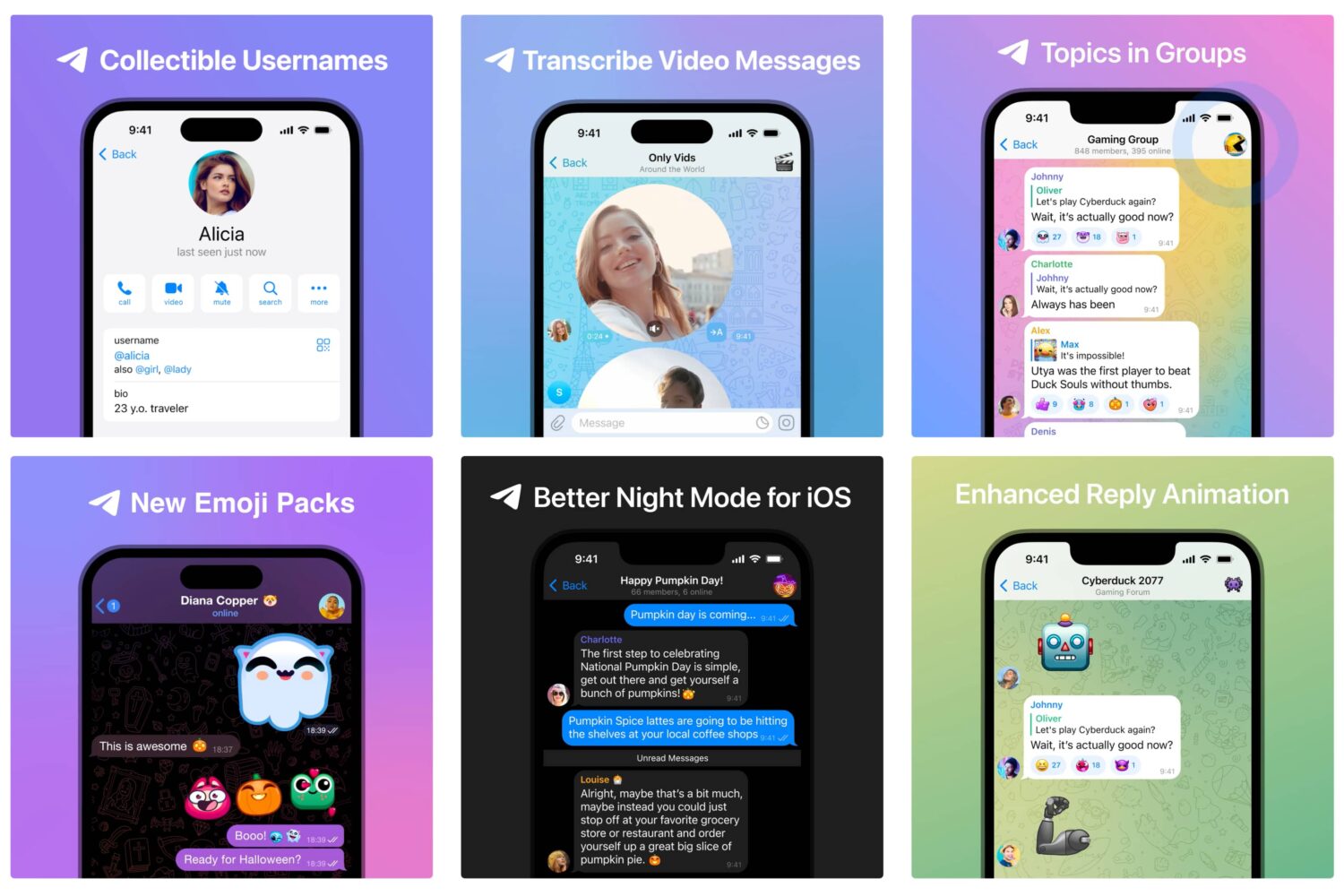 Six screenshots showcasing new Telegram features like speech-to-text for video