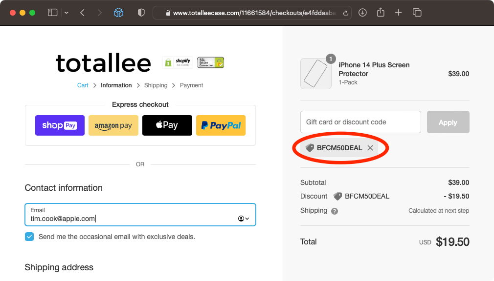 Totallee web store screenshot showing applying a promotional code to get 50% off in Black Friday / Cyber Monday sale