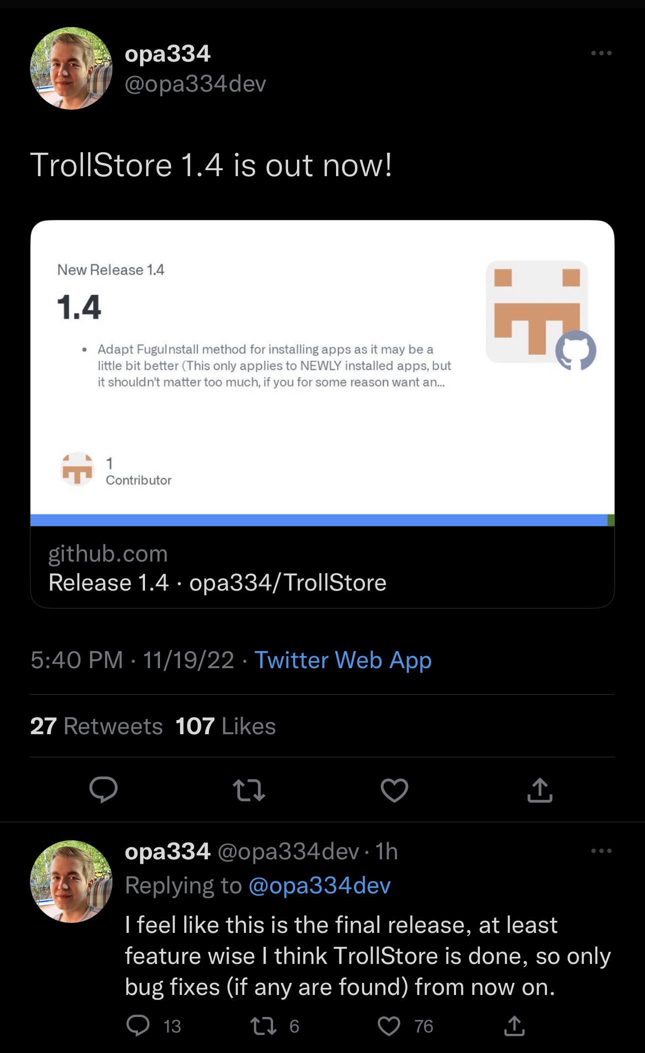 TrollStore auf Version 1.4 aktualisiert und über Twitter angekündigt.