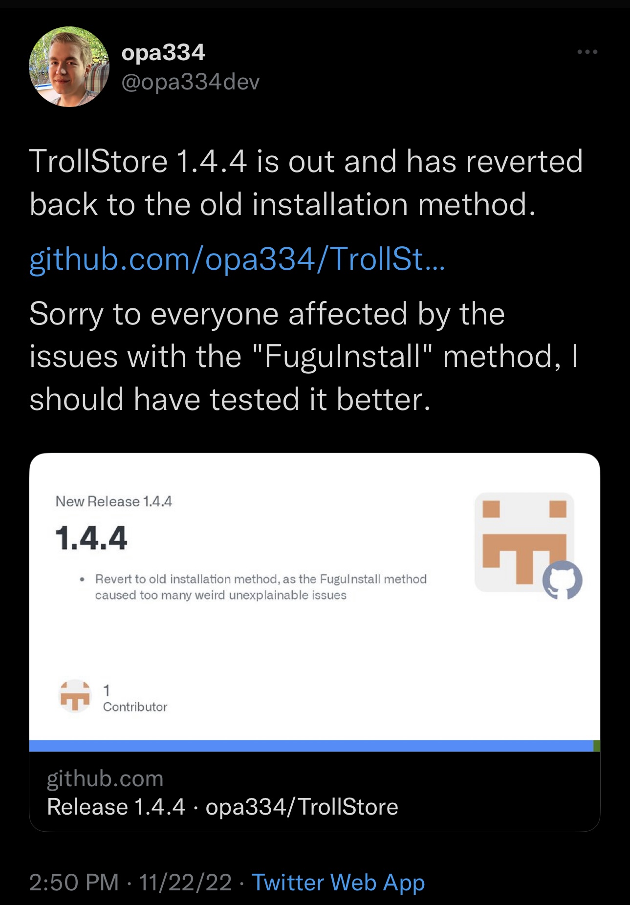 TrollStore version 1.4.4 update removed the FuguInstall method.