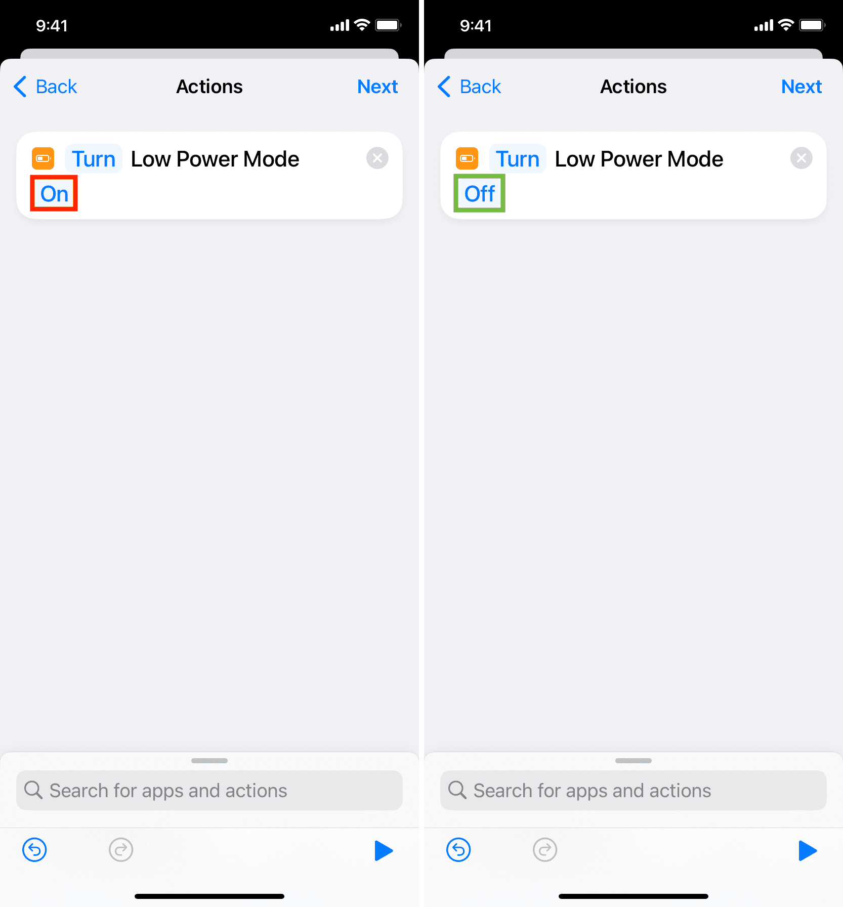 Turn Low Power Mode Off action