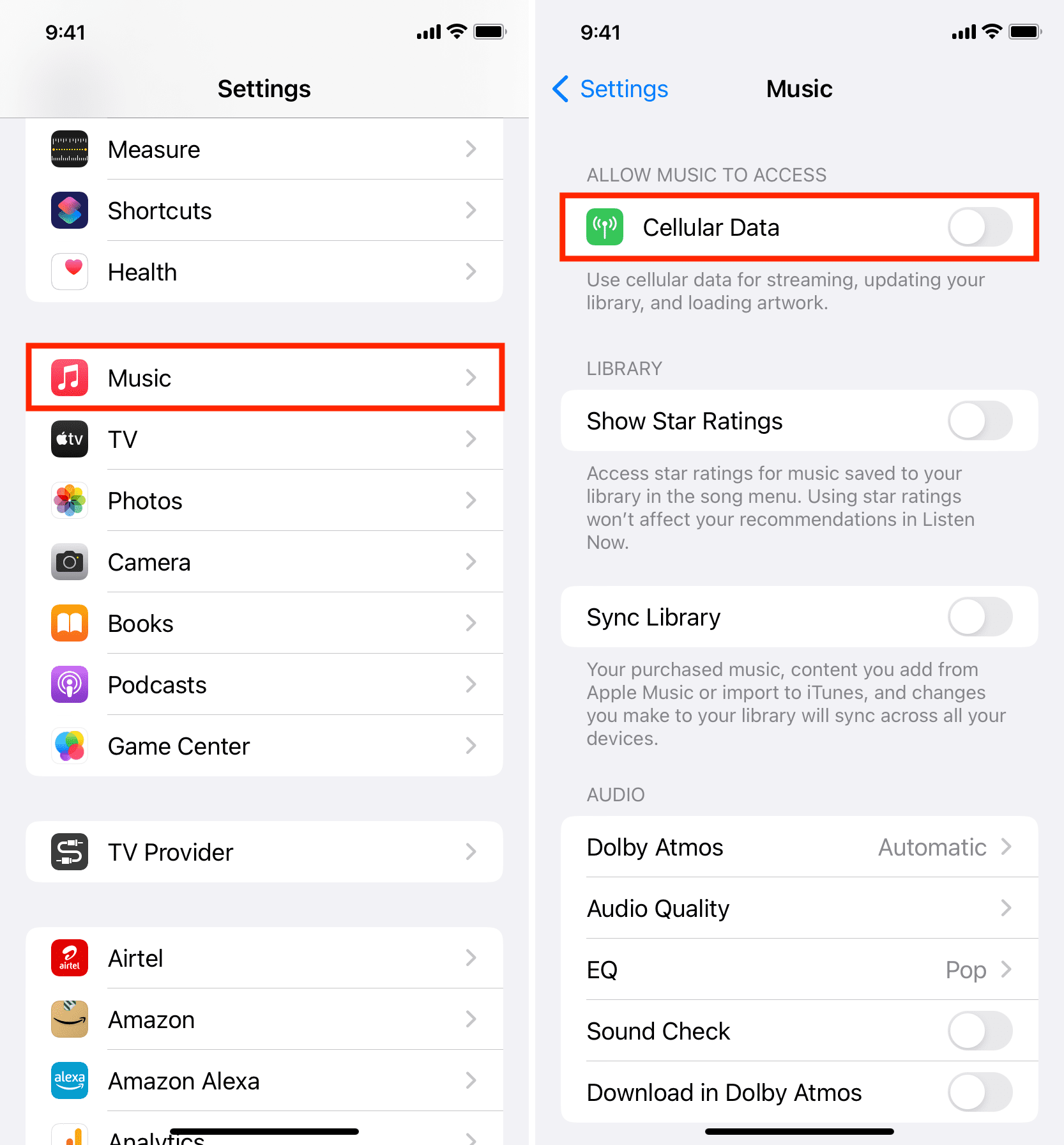 Turn off Cellular Data for Apple Music on iPhone