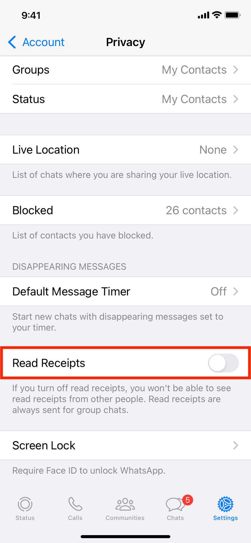 Turn off Read Receipts on WhatsApp