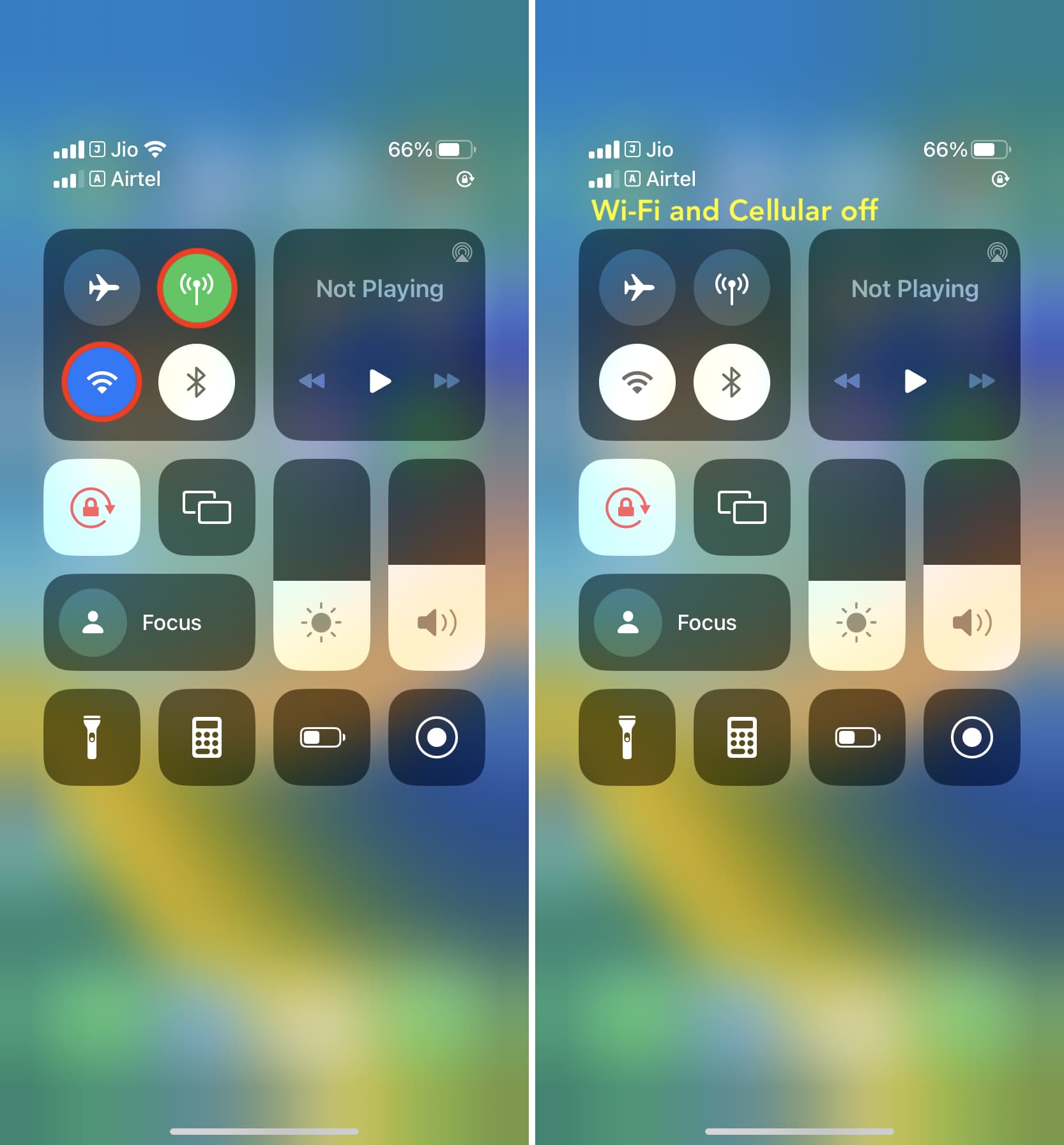 Turn off Wi-Fi and Cellular data on iPhone from the Control Center
