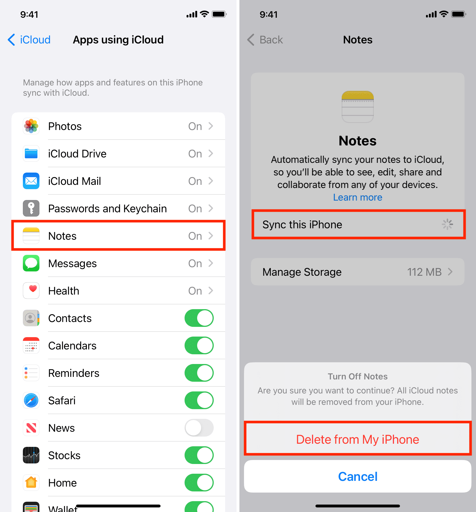 Turn off iCloud Notes from iPhone settings