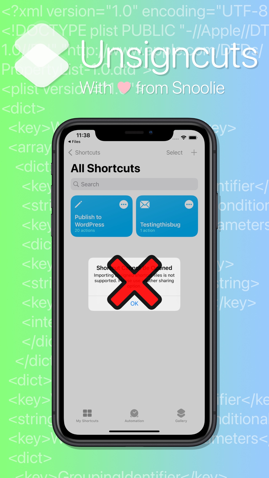 Unsigncuts tweak to import any shortcuts file you want on iOS 15.