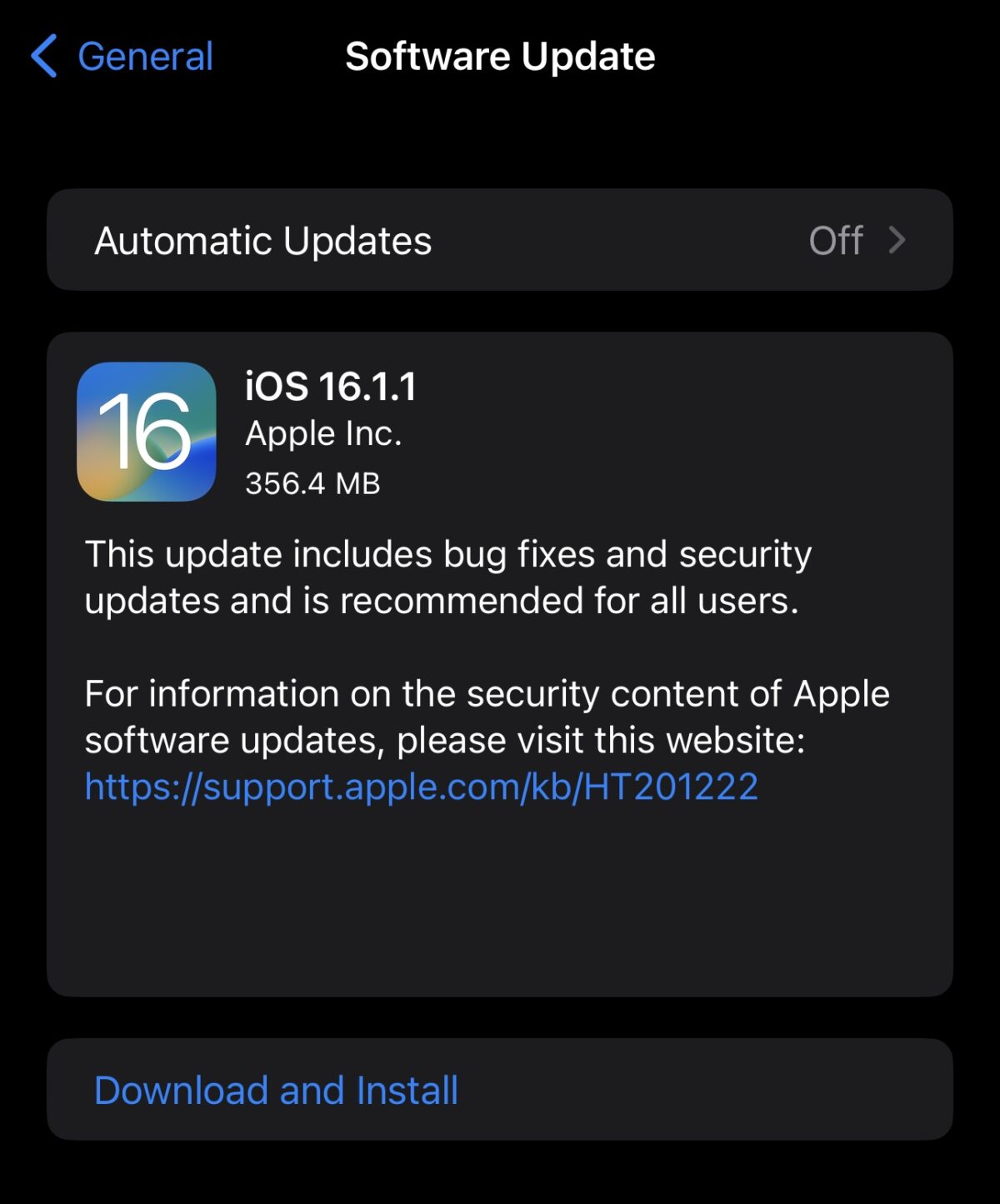 Update 1.16 iOS 16.1.1 released with bug fixes and security updates
