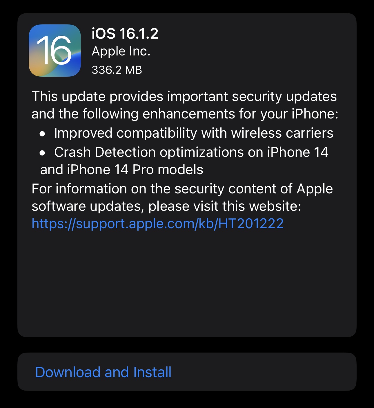 Apple releases iOS 16.1.2.