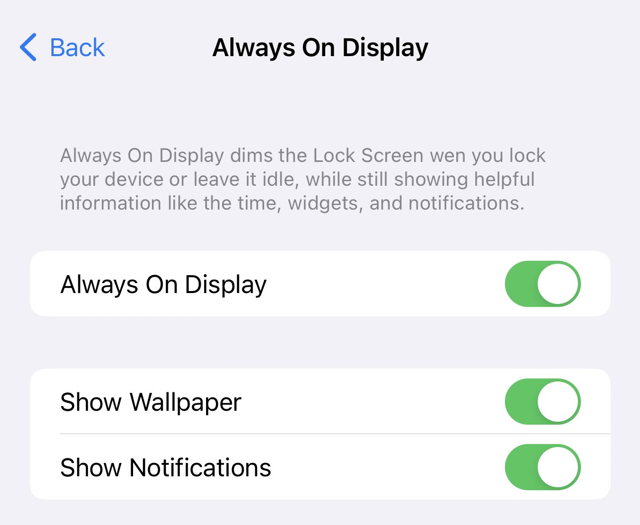 iPhone screenshot of the always-on display settings in iOS 16.2 with toggles to disable the wallpaper and notifications