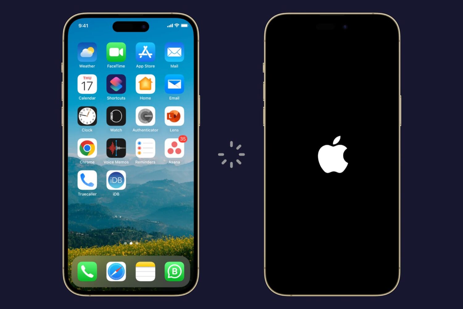 iPhone on its Home Screen and the restart screen