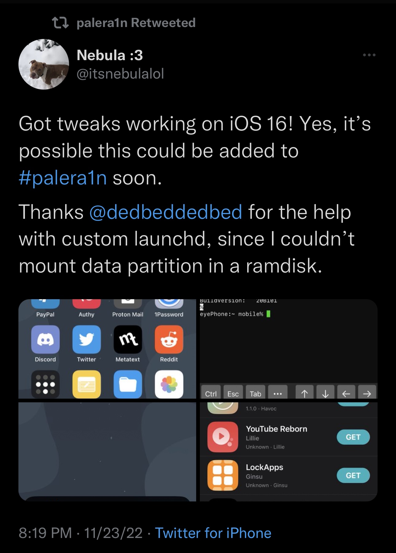 itsnebulalol shares tweak injection working on iOS 16.