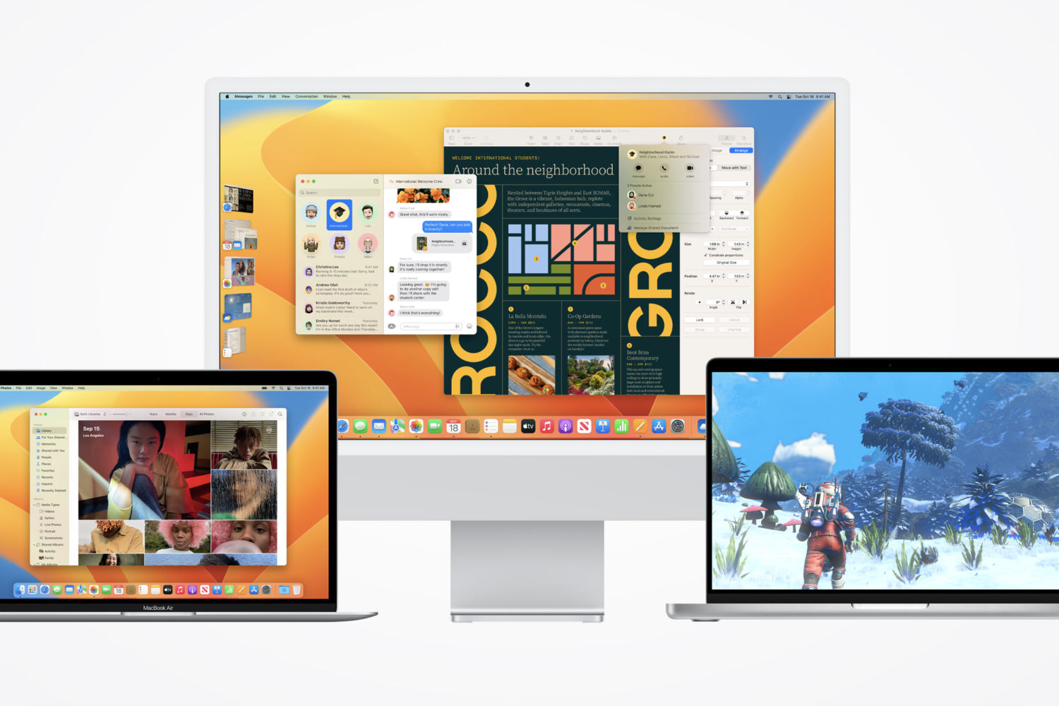 Marketing image showcasing macOS Ventura on an iMac and two Mac notebooks