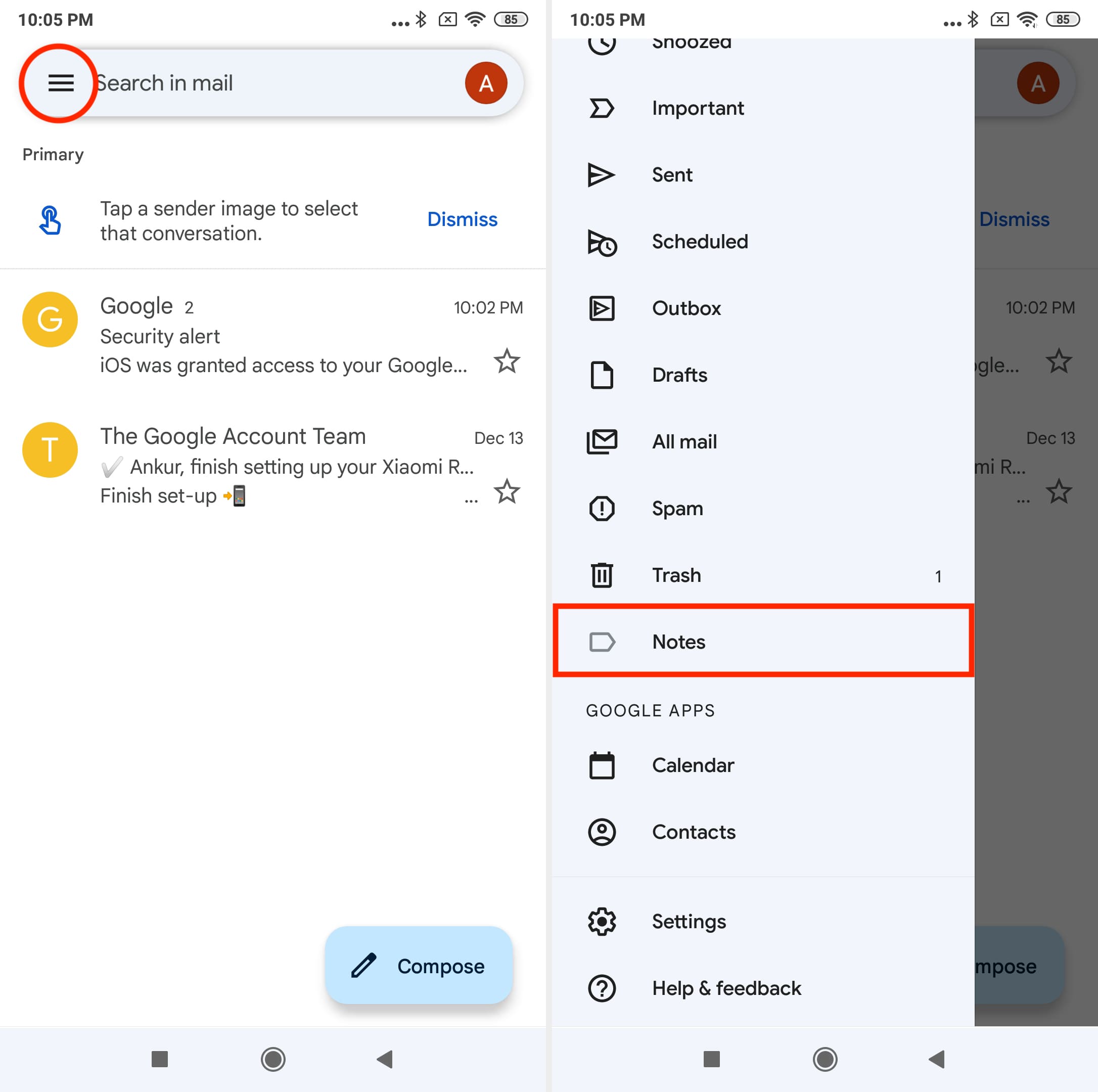 Access iPhone Notes inside Gmail app on Android